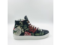 Handmade shoes Black Gobelin with Flowers and Black lacquered Leather